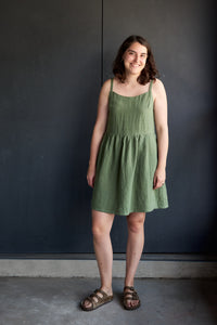 Linen Gathered Dress - Boreal Green