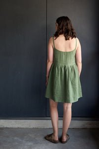 Linen Gathered Dress - Boreal Green