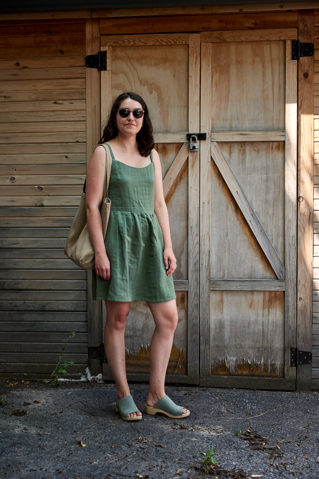 Linen Gathered Dress - Boreal Green